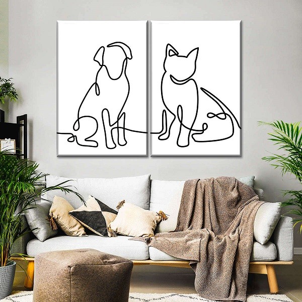 One Line Dog And Cat Wall Art
